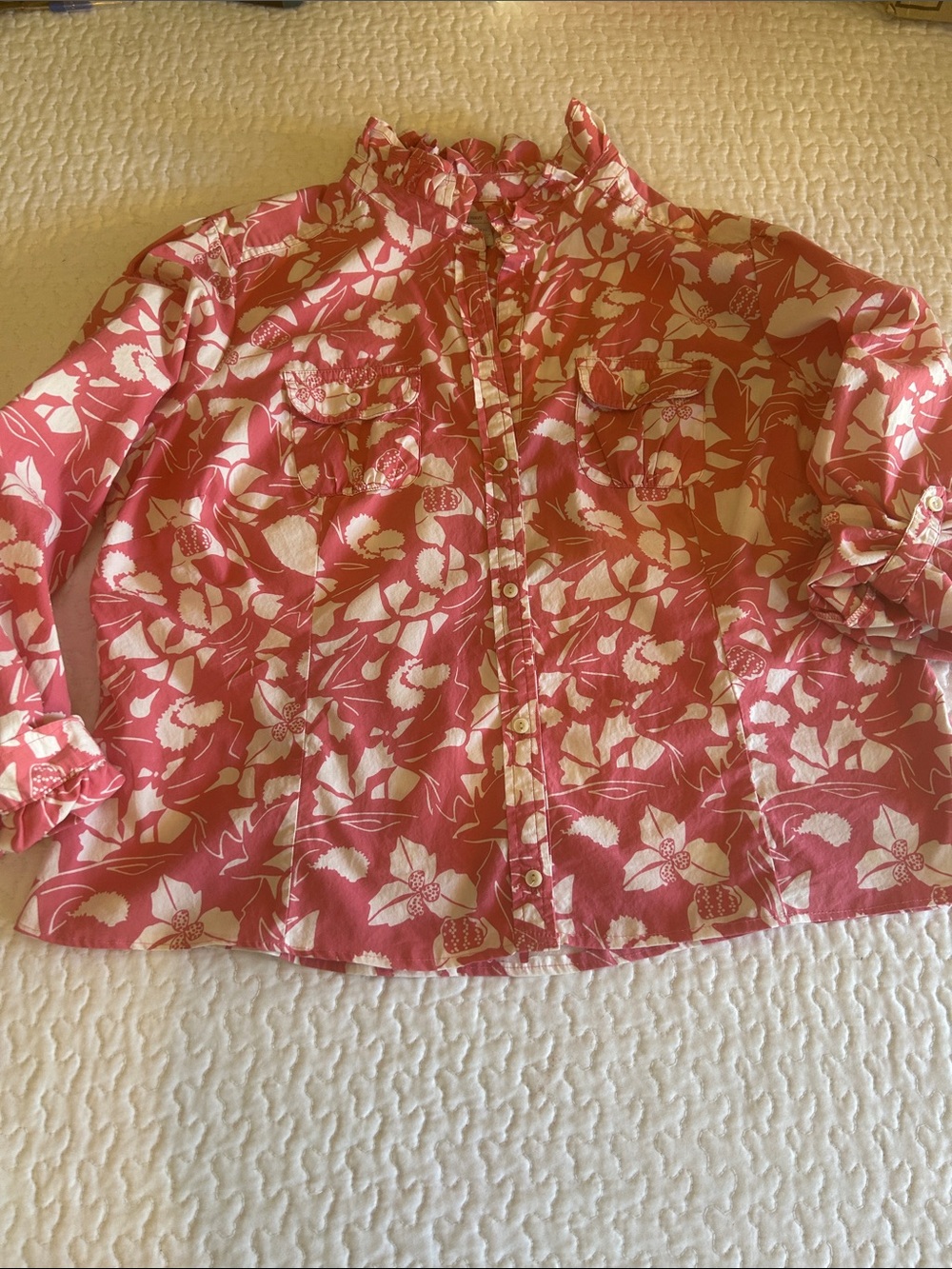 Old Navy Pink and White Floral Ruffled Blouse